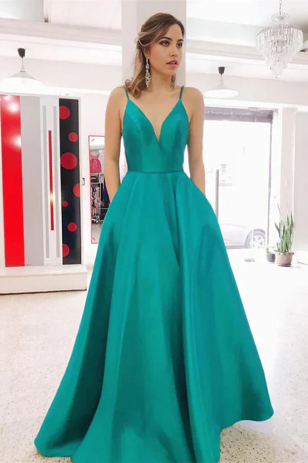 Vestidos de fiesta largos de satén sencillos con escote en V y tirantes finos